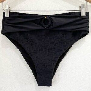VYB Swim Black High Cut Bikini Bottom Y2K Textured O Ring Front Feminine
